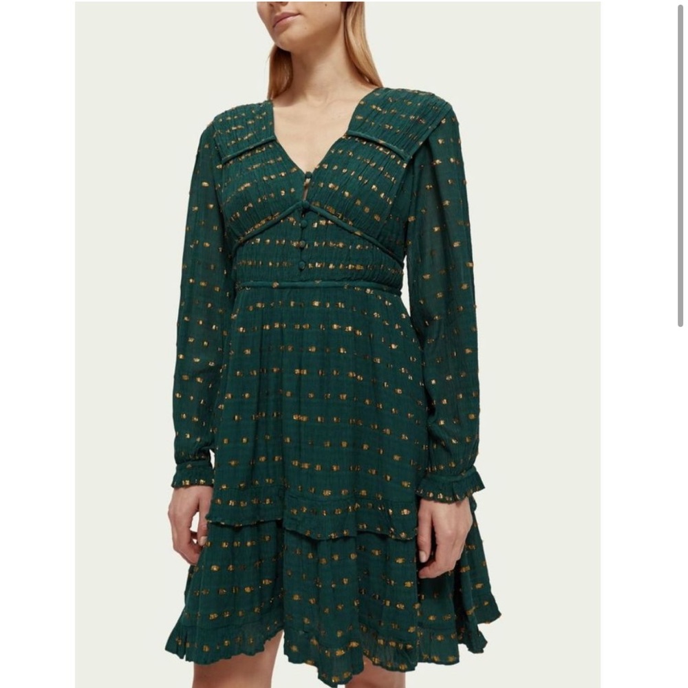 Scotch & Soda Long Sleeved Lurex Jacquard Ruffle Emerald Dress size XS NWT$248